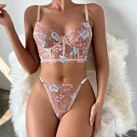 Floral Lingerie Set PushUp Bra Thong Sheer Mesh Underwear Breathable Lace Bralette Kits for Women