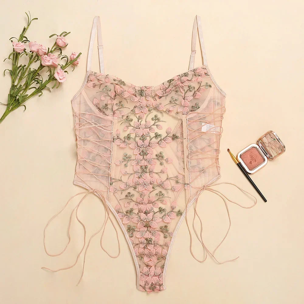 Porn Suit Floral Lace Embroidery Bodysuit Women Sexy Lingerie Bandage See Through Deep V Backless Body Suit Exotic Underwear