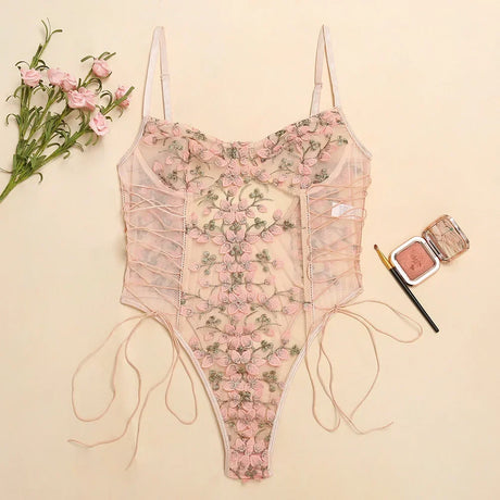 Porn Suit Floral Lace Embroidery Bodysuit Women Sexy Lingerie Bandage See Through Deep V Backless Body Suit Exotic Underwear