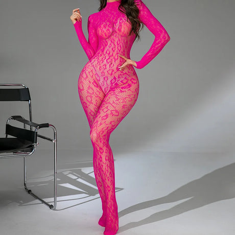 Sexy Lace See-Through Bodysuit Long Sleeve Fishnet Jumpsuits Elastic Night Club Jump Suits for Women Sexy Pole Dancing Overalls
