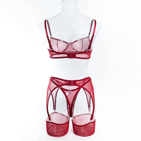 Ellolace Solid Lingeries Sexy Hot Sissy See Through Mesh Bra 3PC Set with Stockings Tempted Underwear Fancy Erotic Clubwear