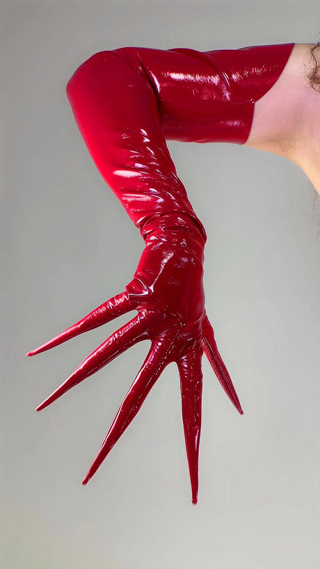 POINTED FINGER GLOVES 85cm 33" Long Spike Shoulders Patent Faux Leather PU Arm Warmers Shine Black LLDLLNT