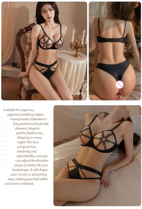 Women's 2-Piece Lingerie Set Studded Hollow-Out Push-Up Bra Cupless Steel Underwire Lace-Up Thong Erotic Underwear Kit
