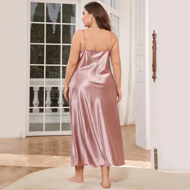 2025 New Women's Fashionable Sexy Plus Size 2XL Long Silk-Like Sling Nightgown Breathable Casual Sleepwear Loungewear