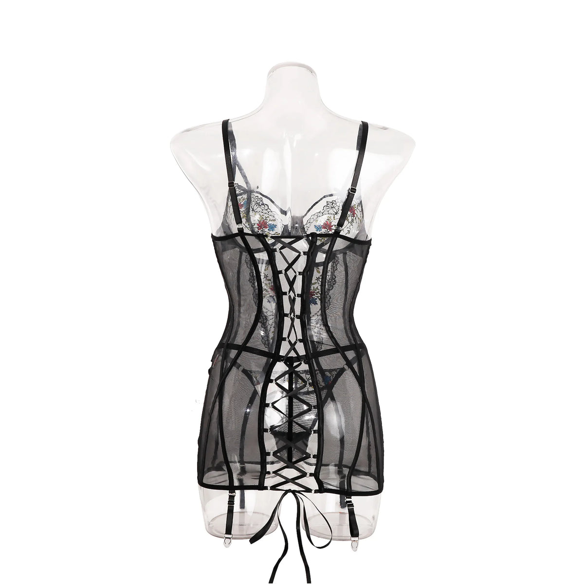 Women Mesh Sheer Lingerie Set Underwire Push Up Lace Back Garter Thong Sexy Bedroom Date Night Honeymoon Party Nightwear
