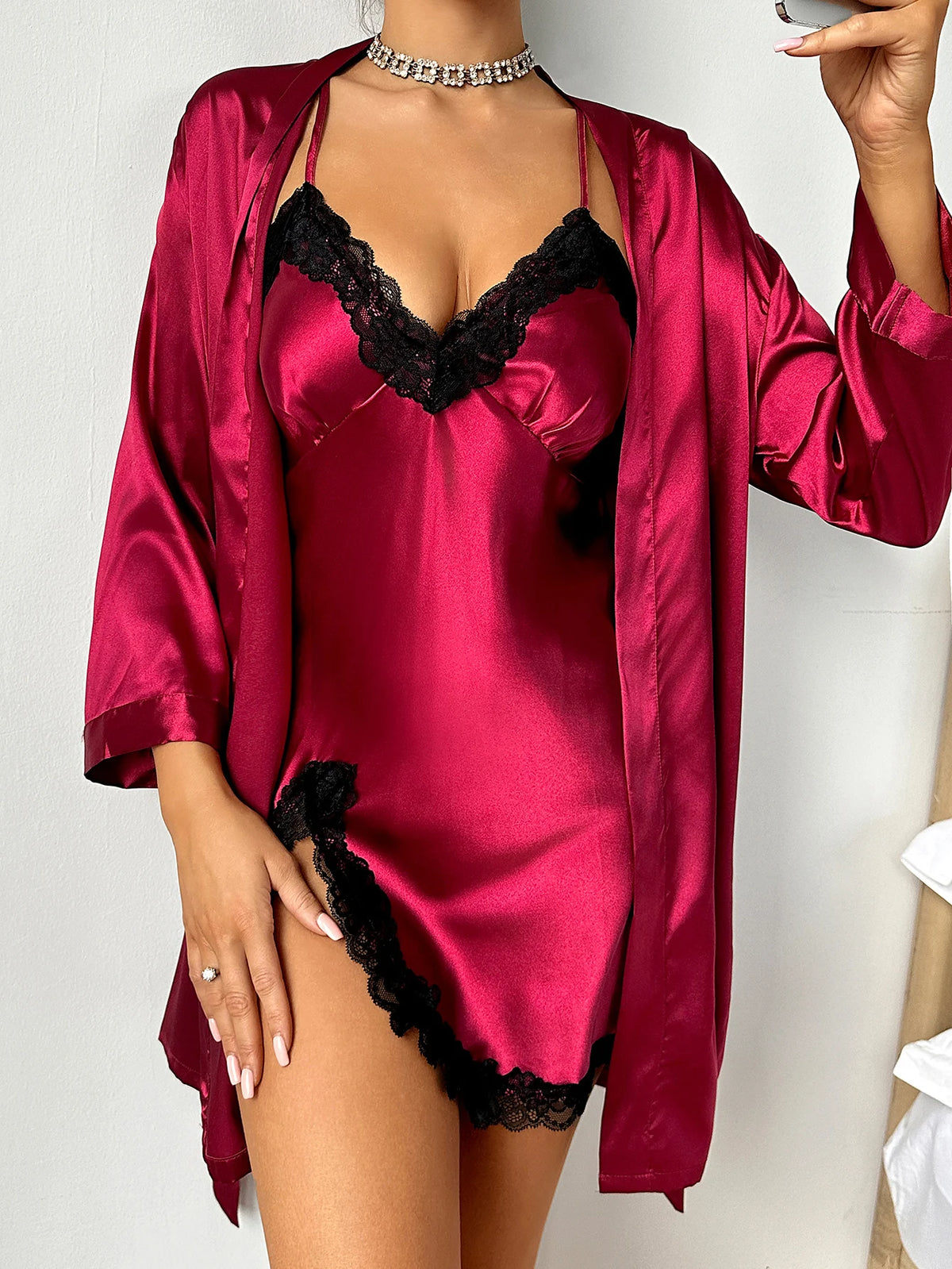 Women's elegant silk lace trimmed pajama set Comfortable robe with sexy nightdress