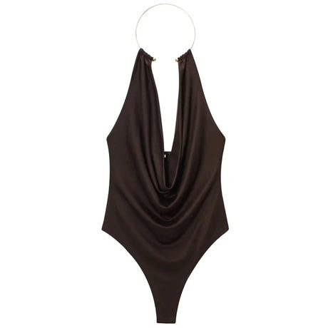HXAO Brown Halter Bodysuit Women Summer Bodys For Sexy Women Off Shoulder Sleeveless Thong Bodysuit With Open Back Rave Bodysuit