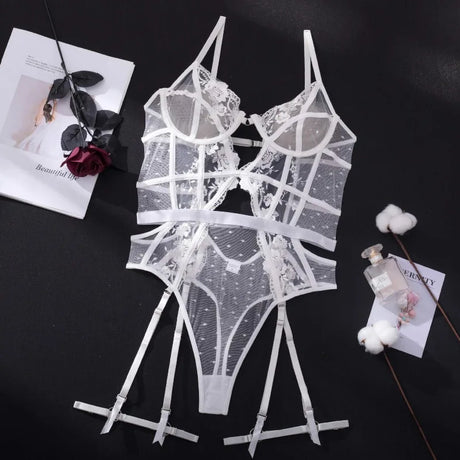 Toucheart Lace Sexy Skinny Babydoll Bodysuit Embroidery Erotic Private Adult Suit Solid Color Patchwork High Waisted Sexy Set