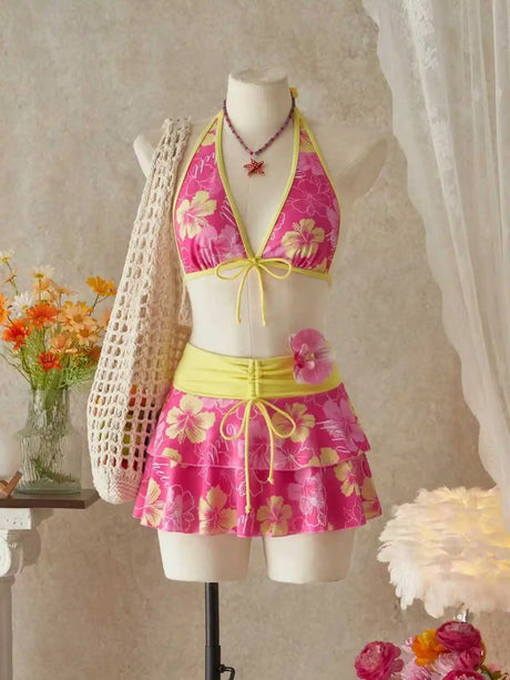 Women European American Sexy Three Piece Bikini Swimwear Set Floral Print Tie Up Swim Skirt Beach Bathing Suit