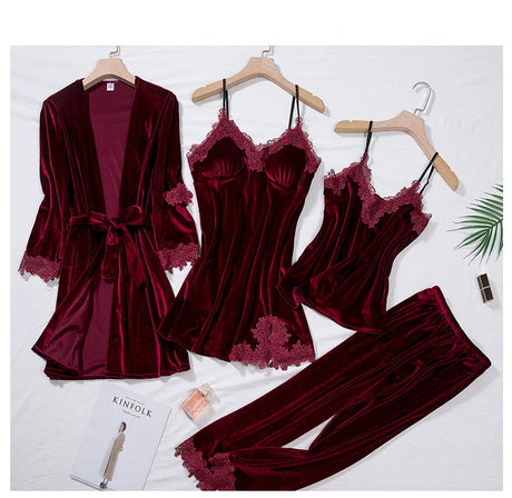 TOP Casual Velour Home Clothing 4pcs Sleep Set Intimate Lingerie Women Pajamas Suit Long Sleeve Lace Velvet Homewear Pyjamas Set