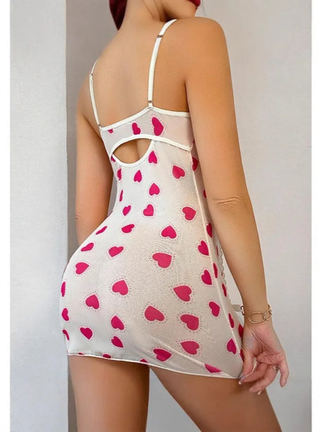 Pajamas Heart Print Lace Patchwork Camisole Dress Sexy Pure Desire Erotic Slim Fit Short Dress Bowknot Deep V Sleeveless Dress