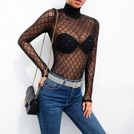 Crystal Fishnet Mesh Bodysuits Women Long Sleeve Bodycon Leotared Body Top Summer Fall Sexy Sheer Bodysuits Party Club