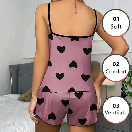 Women's Pajama Set Pajamas T-Shirts Shorts Pink Heart-Shaped Print Round Neck T-Shirt Ice Silk Top Comfortable Casual Summer 