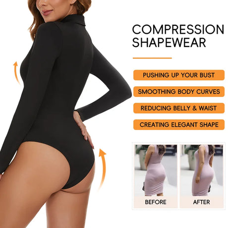 Women Sexy Long Sleeve Bodysuit Turn-down Collar V Neck Shapewear Tummy Control Butt Lift Shirt Seam-free Compression