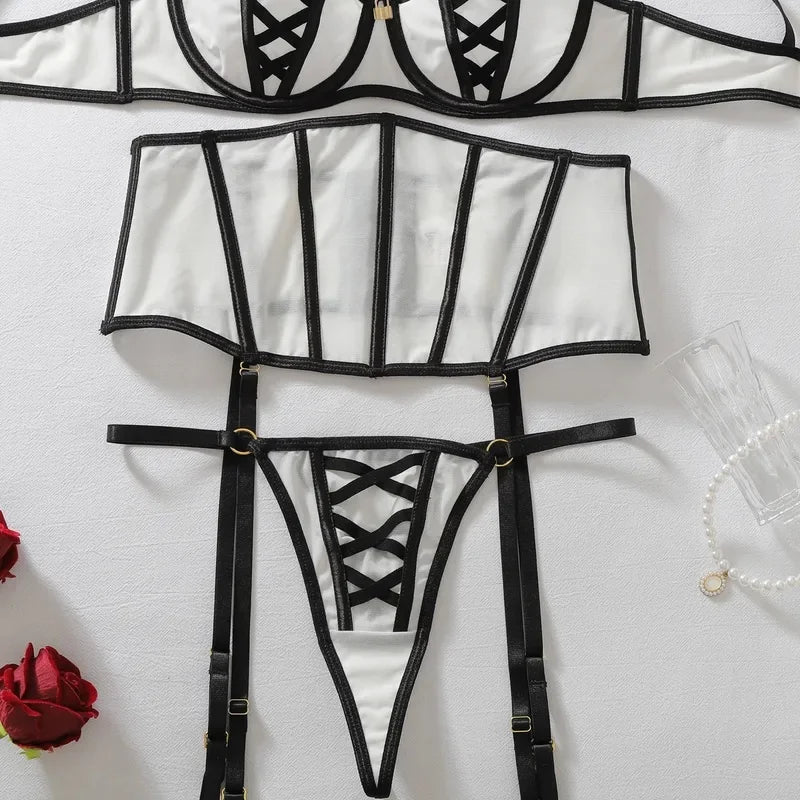 Women's Black White Contrast Strappy Lingerie Set 4PCS Underwire Bra Waist Cincher Garter Belt Thong Thigh Cuffs Sexy Intimate