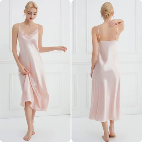 Sexy Women Long Nightgown Intimate Lingerie Patchwork Lace Suspender Nightdress Chemise Sleepwear Loungewear Silk Satin Homewear