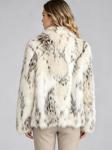 LIMO Women White Grey Spotted Faux Fur Notch Open Front Long Sleeve Cropped Fluffy Warm Winter Loose Fashion Daily Coat