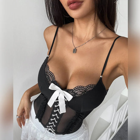 Nolia Hot Girl Spliced Sexy Playsuits Fashion Strap Lace Up Backless Sheer Rompers Ruffles Hotsweet Corset Bodysuits 5d4;