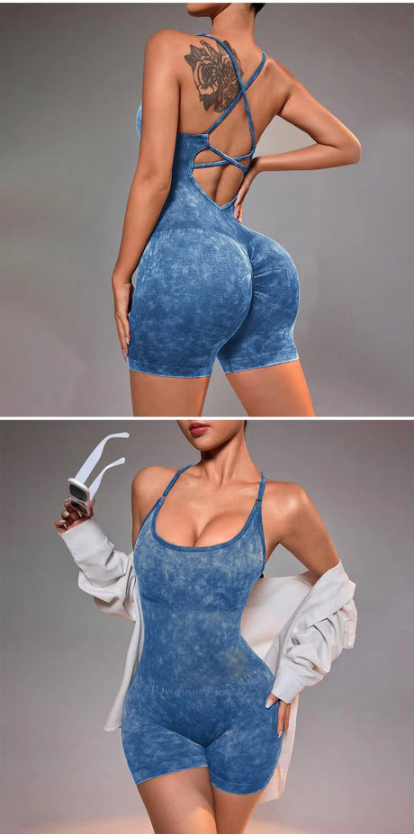 Distressed Washed Yoga Bodysuit for Women - Seamless No Panty Line Strappy Dance Leotard, Vintage Soft Workout Unitard for Gym