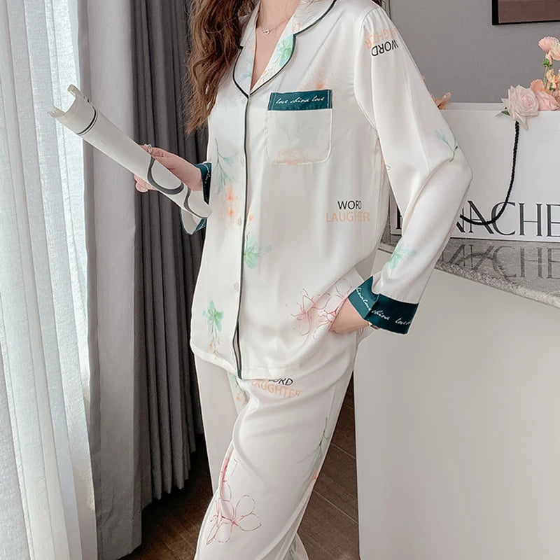 Satin Silk Pajamas for Women's Set pyjamas Button Pigiama Donna pjs Winter Mujer Pijama Sleepwear Nightwear woman 2 piece set