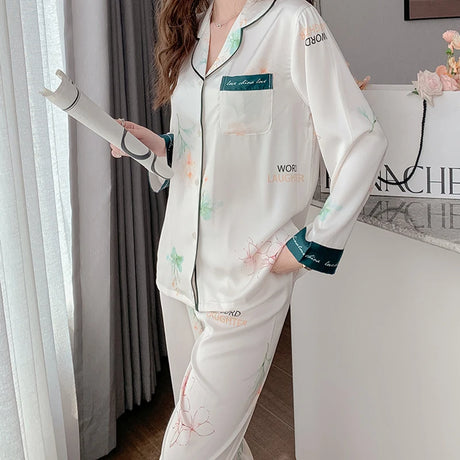 Satin Silk Pajamas for Women's Set pyjamas Button Pigiama Donna pjs Winter Mujer Pijama Sleepwear Nightwear woman 2 piece set