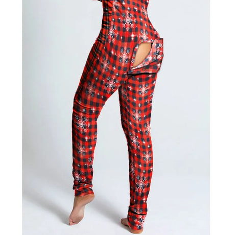 Sexy Pyjama Women's Long Sleeves Homewear Suit Button-Down Front Back Butt Bum Open Ass Flap Jumpsuit Loungewear Christmas Print