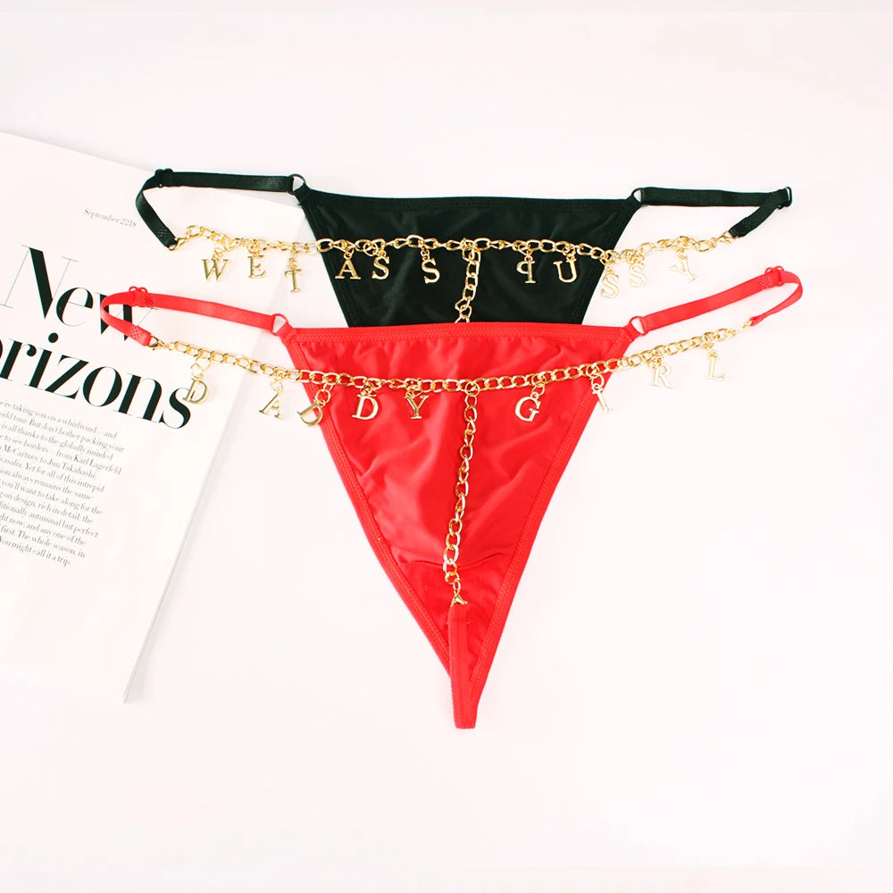 Personality Sexy Custom Name Gold Metal Letter Thong Panties Waist G-Strings Exotic Lingerie Breathable Underwear Ladies