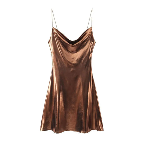 HH Women's Sexy Shinning Metallic Color Slip Mini Dress Woman Fashion Spaghetti Strap Pleated V-neck Slim Party Dresses