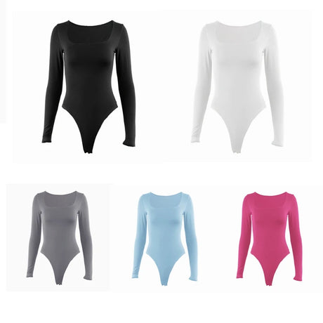 Long Sleeve Bodysuits Spring 2025 Square-Cut Collar Solid Bodycon Elastic Romper Sexy Y2k Women Clothing Fashion Club Party 2520