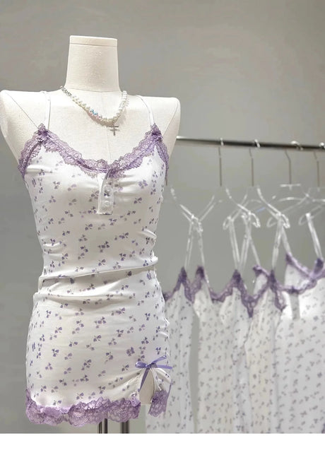 Trendy Pink Cherry Print Dress Women's Cute Fitted Mini Nightgown Lace Trim Detail Spaghetti Strap Summer Style New Fashion Hot