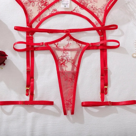 Women's Red Floral Embroidered Lingerie Set 4 Piece Underwire Bra Garter Belt Panty Stockings Sexy Nightwear Set Elegant Trendy