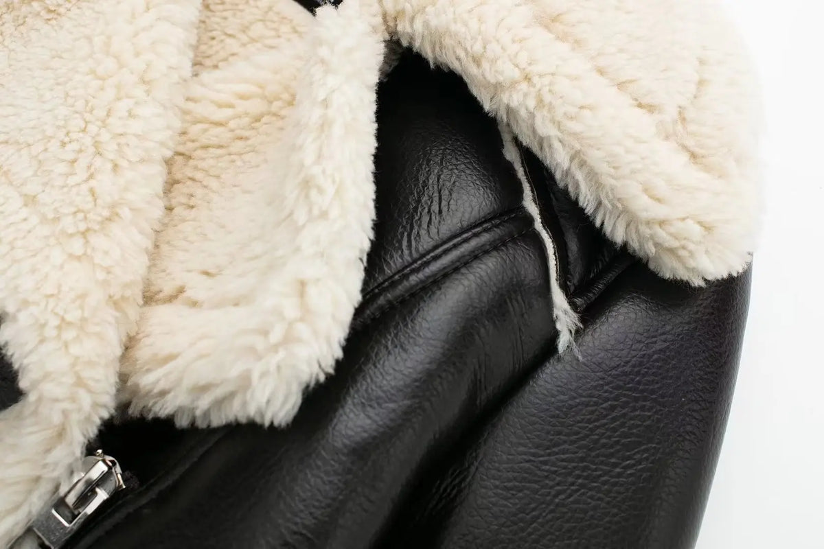 HH Women Faux Leather Thicken Short Jacket Vintage Front Zipper Lapel Long Sleeve Coat Winter Women Warm Casual Outerwear