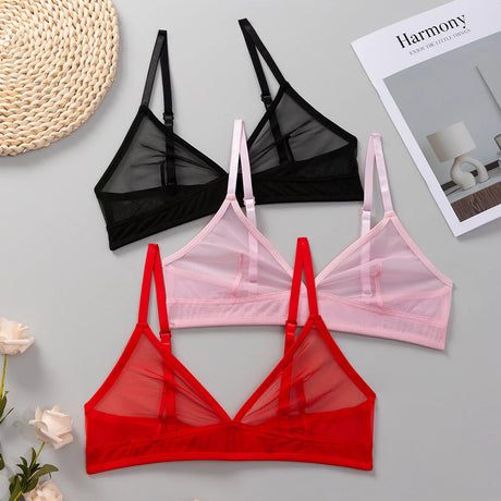 Sexy Transparent Ladies' Brassiere Three-piece Women's Bra Small Bust Mesh Lingerie Ultra-thin Triangle Double Shoulder Straps