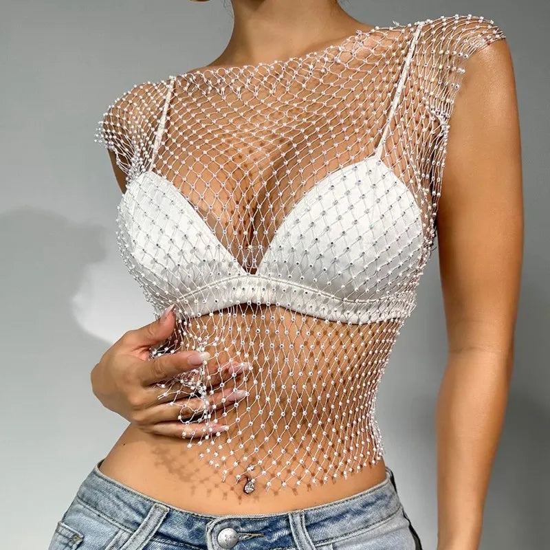 Sexy Top Women Shiny Rhinestone Fishnet Women Y2K Tank Crop Tops See Through Summer Beach Cover Up Tops Party Nightclub Clothing