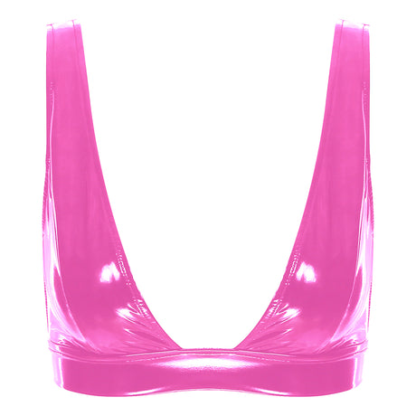 Womens Lingerie Fashion Wetlook Faux Leather Bra Sexy Wire-free No Pad Bra Top Brassiere Raves Pole Dances Costume Clubwear