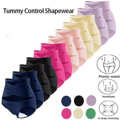4pcs High Waisted Women's Panties Breathable Tummy Control Shapewear Mesh Cross Tummy Cinching Ice Silk No Trace Triangle Panties Tummy Tuck Shape