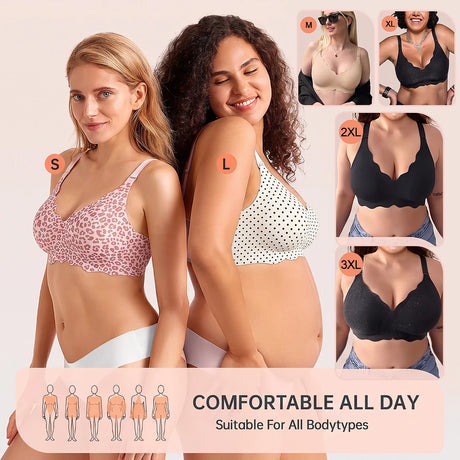 Bras for Women No Underwire Scalloped Wireless Push Up Bra Seamless Full Coverage Supportive Plus Size Tshirt Bra, Soft Breathable Comfortable Bralette, Leopard & Polka Dot Print Ice Silk Bra