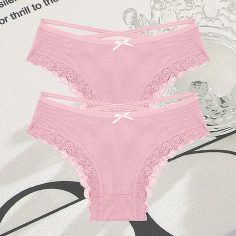 2PCS Cotton Panties for Women Sexy Lace Brazilian Briefs Female Low-Waist Cross Webbing Underpants Stretch Breathable Intimates