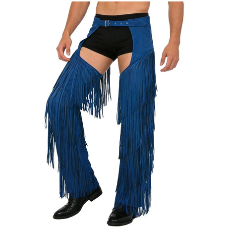 Mens Western Cowboy Chaps Fuax Suede Tassel Hollow Out Open Crotch Long Pants Adjustable Buckles Waist Motorcycle Biker Trousers