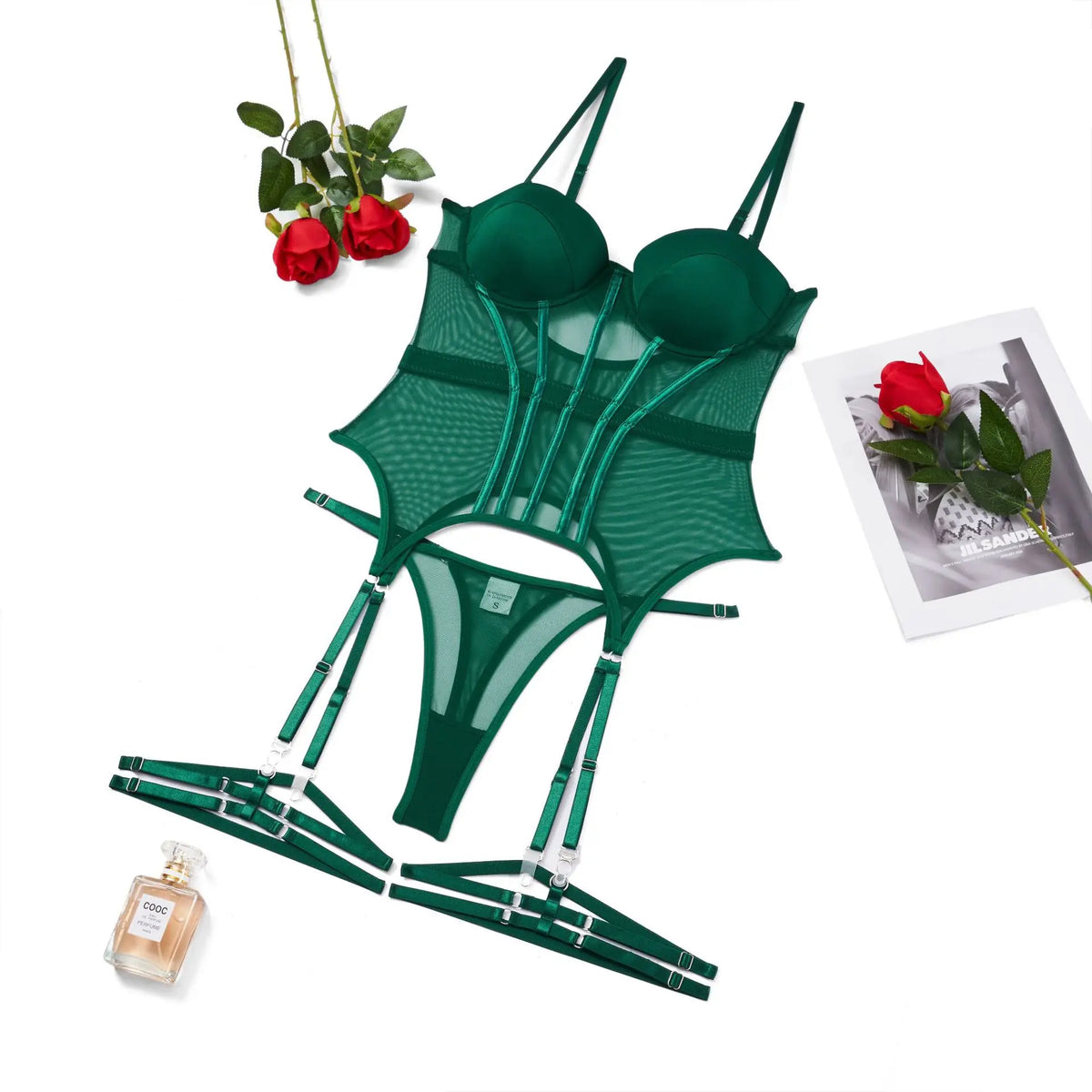 MUZISKAT Mesh Lingerie Luxury Brand Bodysuit Backless Tops for Women 3 Piece Lingerie Set with Garter Sexydresses for Women