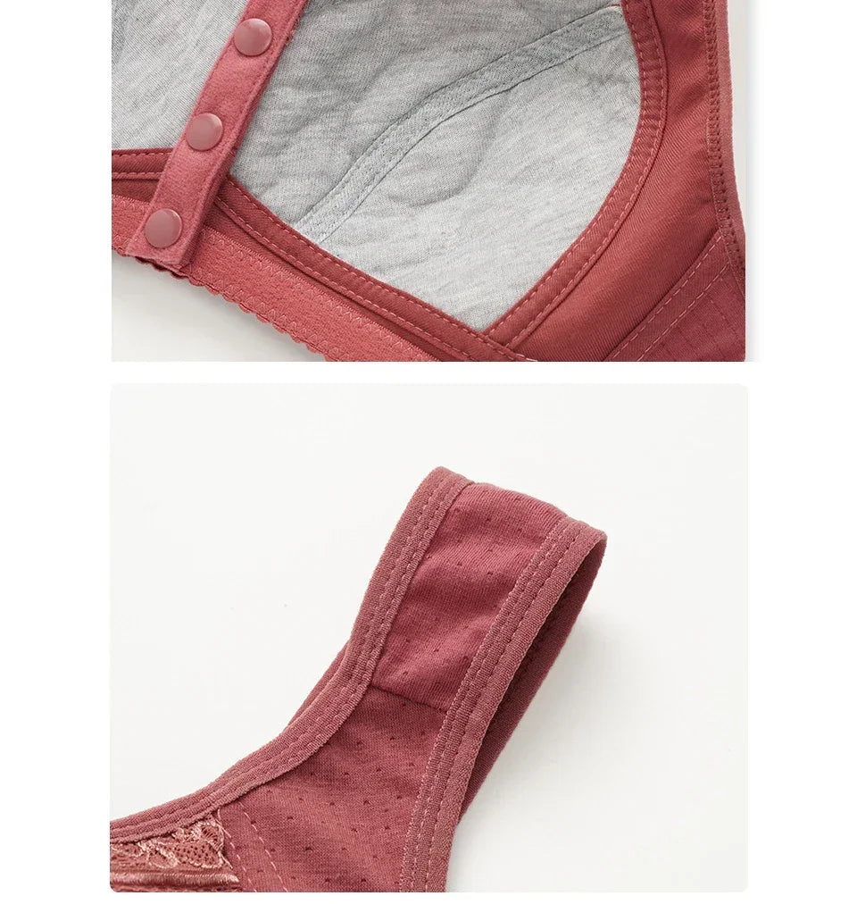 FallSweet Front Closure Cotton Bra for Women Plus Size Seamless Wireless Sports Bras Thin Underwear for Middle-Aged & Elderly