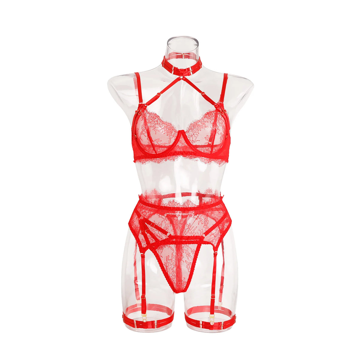Ellolace Solid Women's Lingerie Sets Seductive Halter Bra Garter Thong 3PC with Leg Circles Sexy Lace Intimate Women Underwear