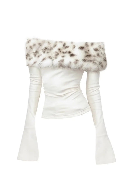 Luxury Fur Graphic Long Sleeve T Shirt Y2k Women Autumn Winter Off Shoulder Tops 2000s Vintage Basic Blouse Tees White Shirt