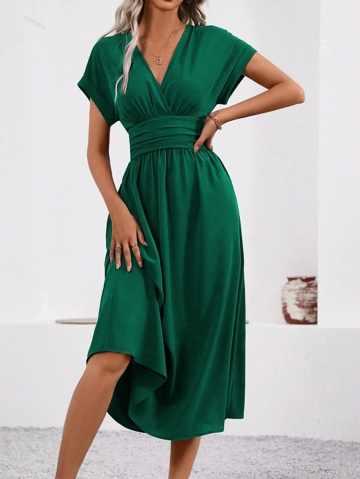Dresses 2025 Woman Summer Solid-Color V-Neck Batwing-Sleeve Pleated Long Elegant Dress Woman Clothing Tops Skirts Y2k Clothes