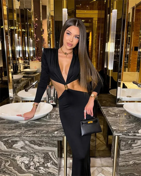 Deep V Neck Long Sleeve Sexy Maxi Dress Women Gown Autumn Fashion Hollow Out Backless High Waist Club Party Long Dress