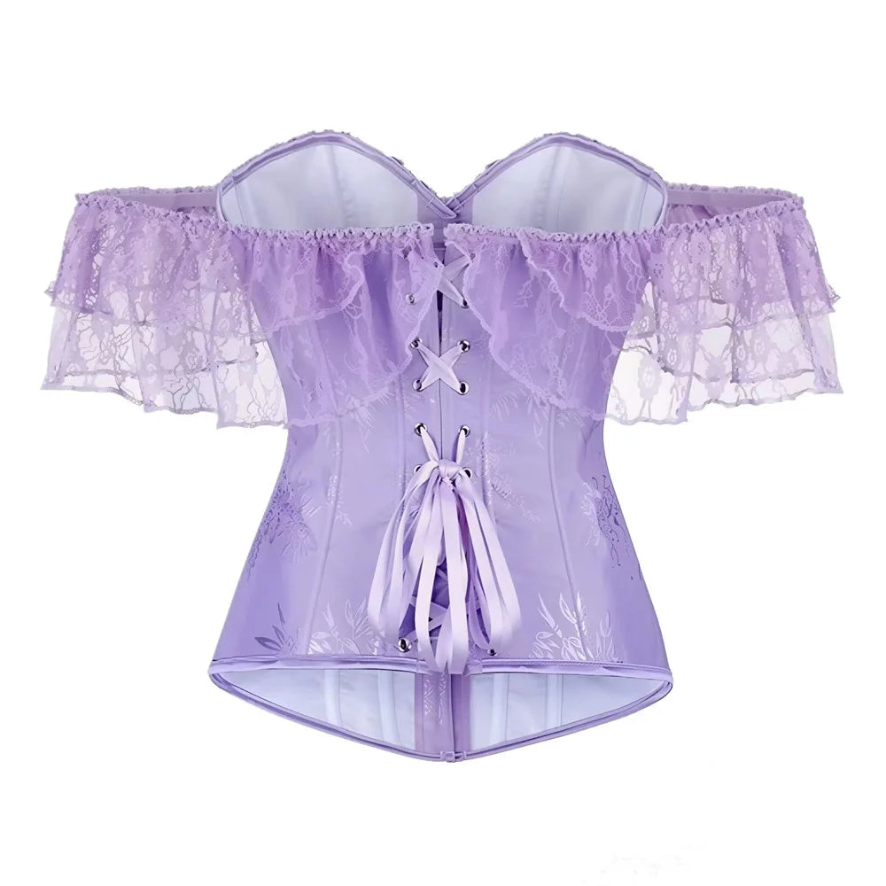 Women Sky Blue Retro Jacquard Corset Tops Lace Short Sleeved One Shoulder Sexy Slimming Shaper Overbust Bustiers Lingerie