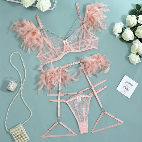 3-Piece Feather Decorated Lace Exotic Sets Women Sexy Patchwork Lingerie Set Chain Bra Panty Garter Underwear Kit For Female