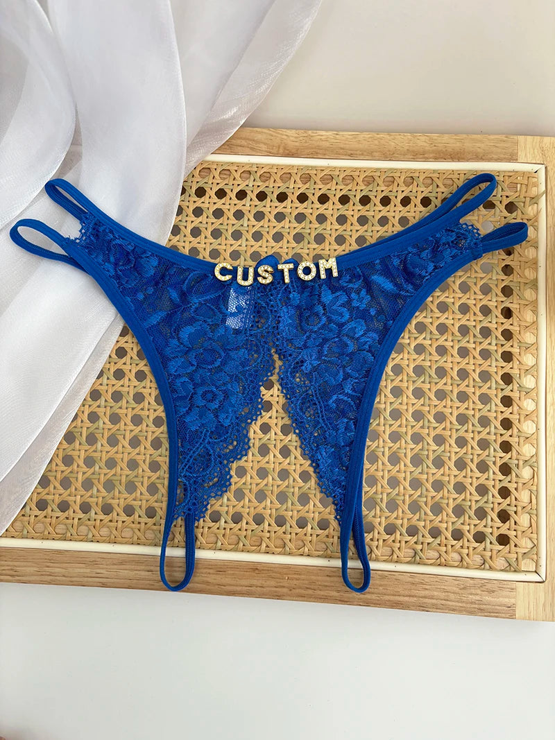 Custom Name Crystal Letter Briefs Sexy Lace Crotchless Knickers Hollow Waist Panties Open Gear Underpants Girlfriend Wife Gift