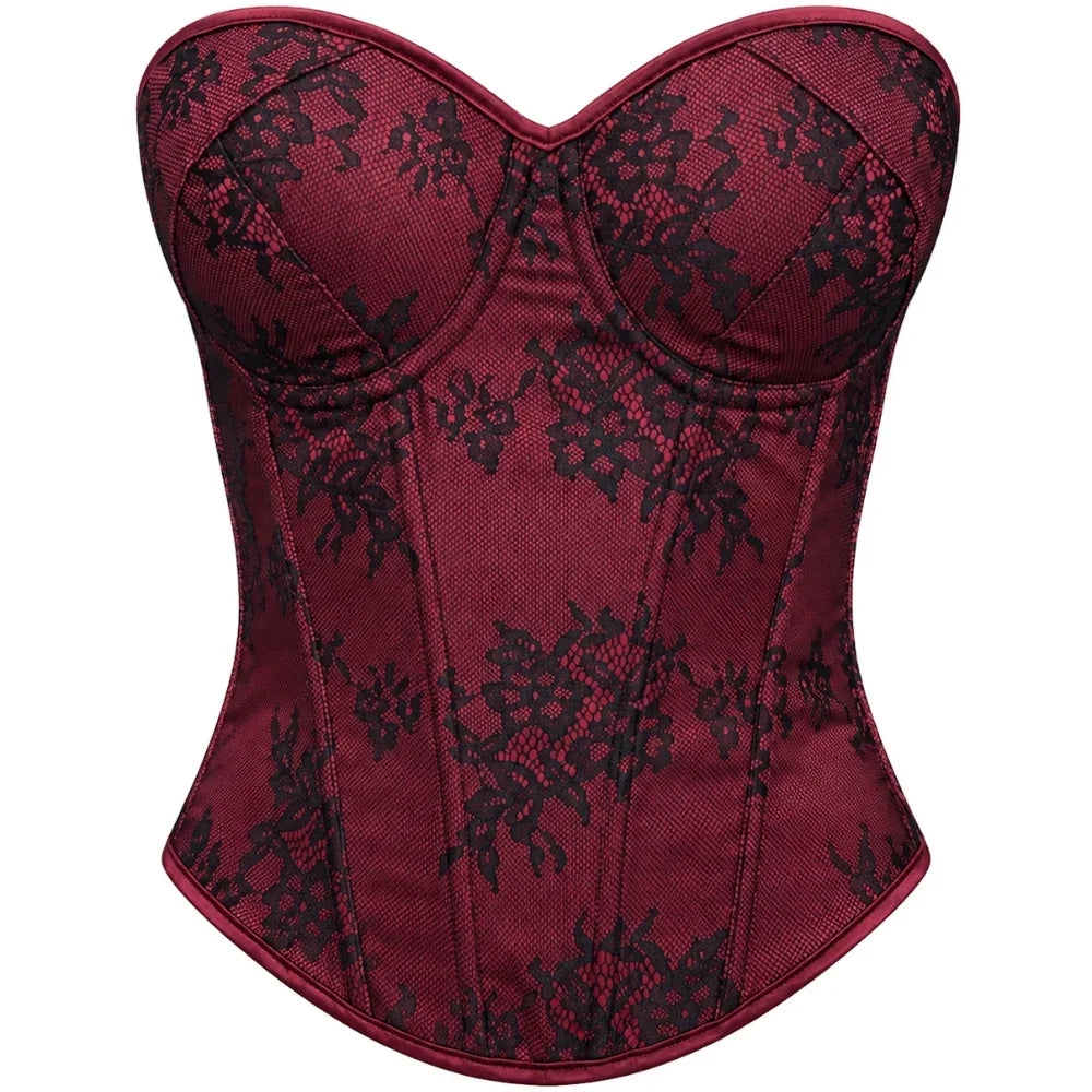 Women's Lace Corset Top Strapless Burgundy Black Molded Cup Back Lace-Up Waist Cincher Push-Up Bustier