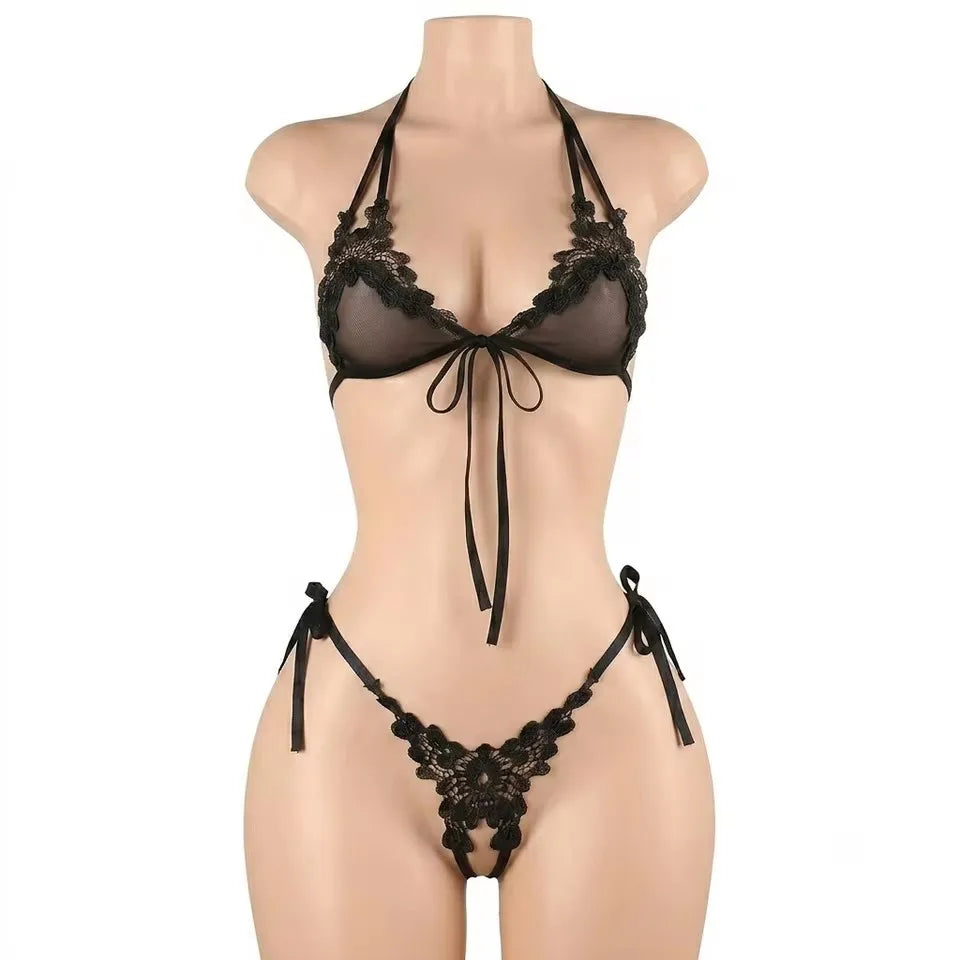 Women's Sexy Pink Mesh Underwear High Elasticity Fishnet Hollow Out Three Piece Open Crotch Babydoll Set Exotic Lingerie